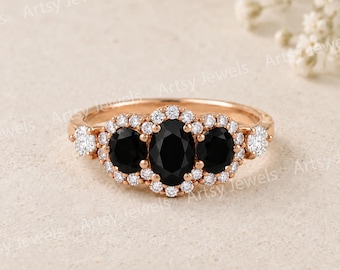 Black Onyx Halo Engagement Ring, Three Stone Vintage Ring, Alternative Bridal Jewelry