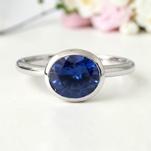 Oval Blue Sapphire Vintage Ring, September Birthstone Bezel Set, Simple Solitaire Stackable Jewelry