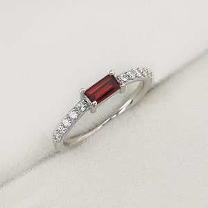 Puede incluir: Un anillo de plata con una sola piedra preciosa roja y una fila de pequeñas piedras preciosas transparentes.