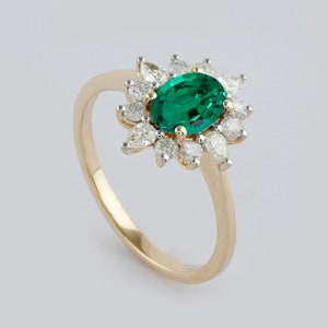 Oval Emerald Floral Halo Ring: Sterling Silver Moissanite Engagement Ring