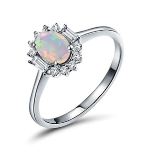 Ethiopian Opal Halo Engagement Ring, Multi Color White Opal Ring, Art Deco Sterling Silver Ring, Baguette & Round CZ Diamonds Accent Ring