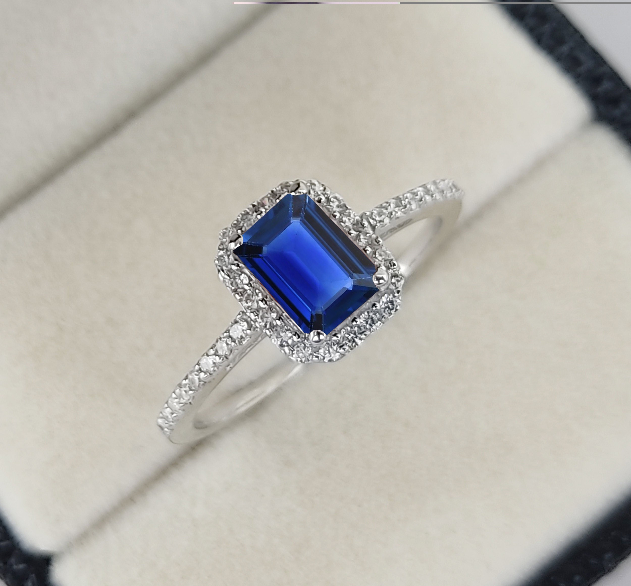 Emerald Cut Blue Sapphire Ring: Sterling Silver Halo Wedding Ring