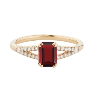 Emerald Cut Red Garnet Ring: Dainty Sterling Silver Band, CZ Accents