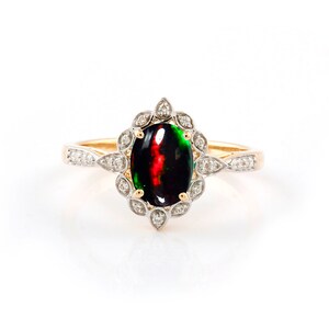 Natural Black Opal Halo Vintage Ring, 925 Sterling Silver Diamond Ring, Black Fire Opal Ring, Women&#39;s Anniversary & Wedding gift for her