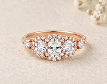 Oval Moissanite Halo Engagement Ring, Five Stone Rose Gold Bridal Jewelry