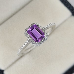 Natural Purple Amethyst Ring, Halo Engagement Ring, Emerald Cut Amethyst Ring,  Anniversary & Wedding Ring, Promise Ring for her