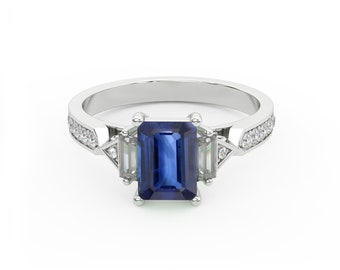 Bague saphir taille émeraude, argent sterling 925 vintage avec accents de moissanite
