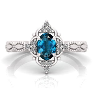Vintage Oval London Blue Topaz Ring, Oval cut 7x5mm Natural London Blue Topaz Ring, Bridal Anniversary Promise Ring, Women Gift Ring