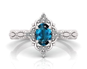 Vintage Oval London Blue Topaz Ring, Sterling Silver CZ Diamond Accents