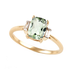 Cushion Cut Natural Green Prasiolite 925 Silver Ring, Green Amethyst Ring with Baguette Diamonds, Wedding & Engagement Ring, Gift for Her