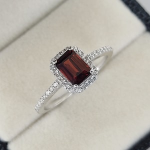 Natural Red Garnet Halo Emerald Cut Ring, Octagon Garnet Silver Ring, Anniversary & Wedding Eternity Ring, Gift for her, Promise Ring