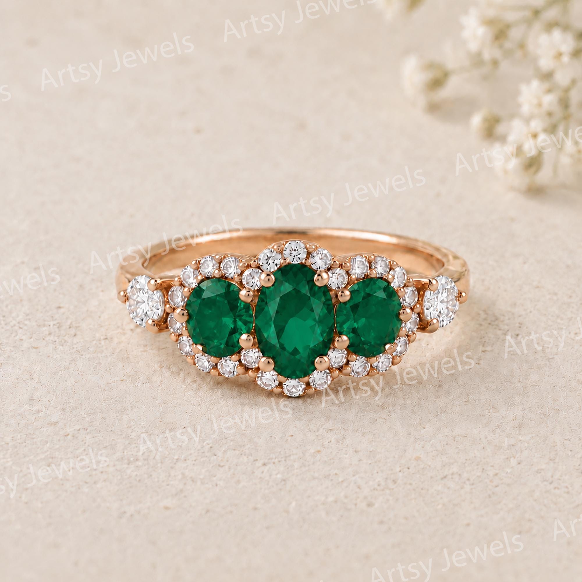 Emerald Halo Engagement Ring, Three Stone Vintage Ring, Green Gemstone Promise Jewelry for Her