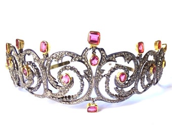 925 Sterling Silver Natural Rose Cut Diamond Antique Inspire Pink Stone Tiara Crown for Women - Wedding Engagement Tiara