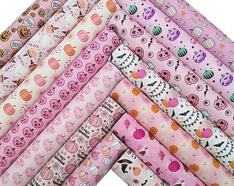 Pastel Halloween Print Faux Leather Sheet, DIY Craft Fabric (8.2x11.4")