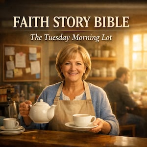 May include: Image of a woman smiling, holding a white teapot and a cup of tea. The text "FAITH STORY BIBLE" and "The Tuesday Morning Lot" are displayed at the top. The woman is wearing a blue sweater and a tan apron.