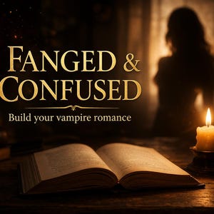 May include: Image of an open book with the text "FANGED & CONFUSED" in gold lettering. A lit candle sits on a table, and a blurred silhouette of a person is in the background. The text "Build your vampire romance" is also visible.