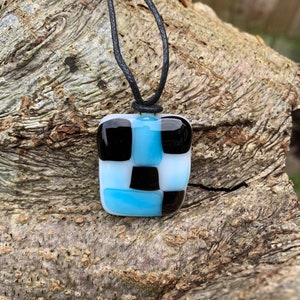 Chequered Fused Glass Pendant - Blue Pendant - Blue Necklace