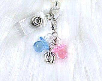 L&D nurse charm, pacifier charm, delivery nurse badge reel charm, nicu badge reel charm, baby feet badge reel charm, baby badge reel charm