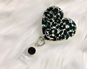 leopard print heart, leopard badge reel, nurse gift, nurse badge reel, heart badge reel, retractable badge reel, glitter badge reel, RN reel
