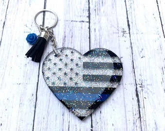 thin blue line keychain, thin blue line heart, back the blue keychain, police keychain, thin blue line gift, police wife, police wife gift