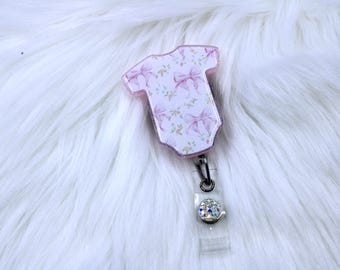 bow badge reel, baby badge reel, l&d badge reel, nicu badge holder, badge ID holder, labor delivery nurse, badge clip, retractable reel