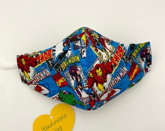 Marvel Comic Book Three-Layer Face Mask with Filter Pocket - 100% Cotton - Multiple Sizes Available