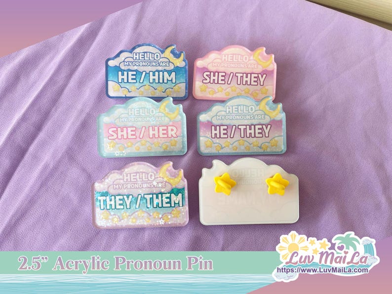 Dreamy Skies acrylic pronoun pin: star holographic lgbtq+ ally (2.5 inch) image 1
