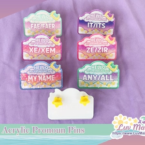 Dreamy Skies Acrylic Neo Pronoun Pins with Star Holographic Finishing and Star Backs for Pride, Allies, LGBTQ+, Gender Affirming - 2.5 inch