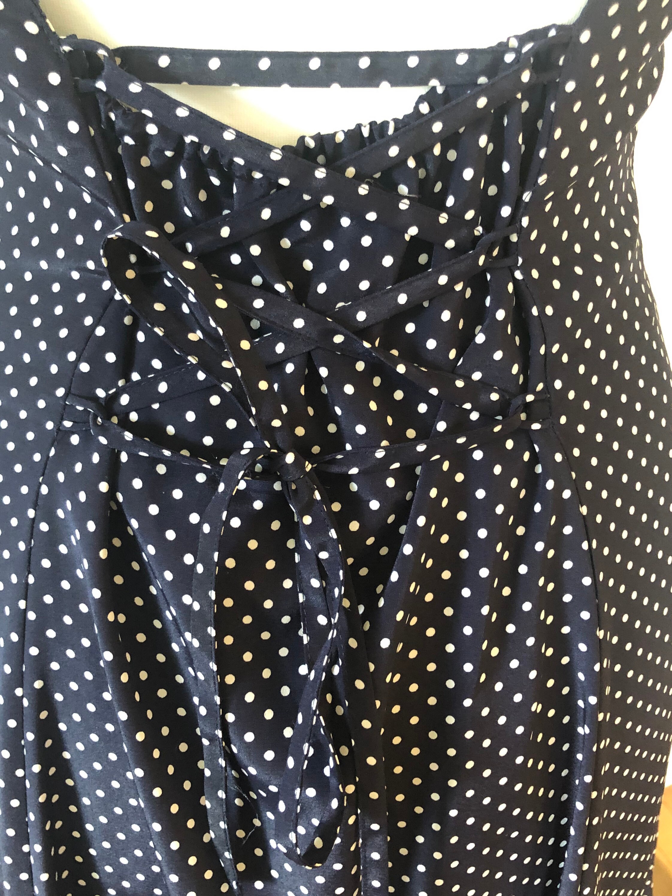 navy and white polka dot