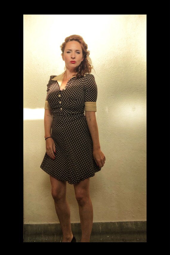 Vintage 70's Ann Reeves brown and cream polka dot