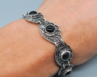 アクセサリー silver 925 ONYX vintage bracelet Vintage 925 Sterling Silver w/ Marcasite & Onyx Rectangle