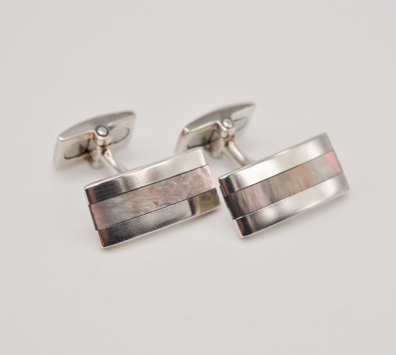 LUND Copenhagen Beautiful Danish 925 Silver Cuff Links with Mother of Pearl Stripes.