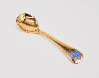GEORG JENSEN Vintage 1983 Danish Gold Plated Sterling Silver Enameled Annual Spoon "Forget-Me-Not"