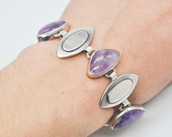 VICTOR JANSON 1967 Vintage Sweden Modernist Sterling Silver Amethyst Link Bracelet.