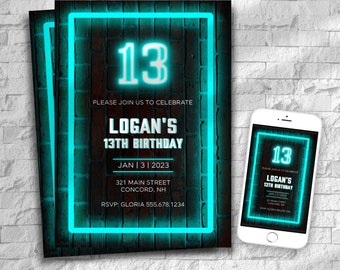 Neon 13th Birthday Invitation for Boys (Digital)