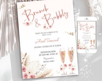 Brunch and Bubbly Bridal Shower Invitation, Boho Floral Spring Wedding Party, Digital Canva