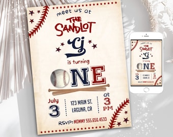 Vintage Baseball First Birthday Invitation, Sandlot Party (Digital)