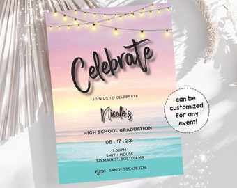 Tropical Beach Party Invitation, Summer Party Template Graduation, Birthday (Digital)