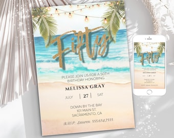 Tropical Beach Birthday Invitation, Adult Party Summer Birthday Any Age (Digital)