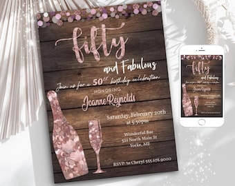 Women's 50th Birthday Invitation, Fifty and Fabulous party invite, Adult 50th birthday template, Digital invitation, Rose gold 50th birthday