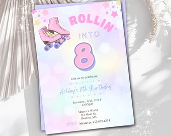 May include: A pastel pink and purple birthday invitation with a rainbow background. The invitation says "Rollin' Into 8" with a pair of pink roller skates and a large pink number 8. The invitation includes details for Ashley's 8th birthday party, including the date, time, location, and RSVP information.