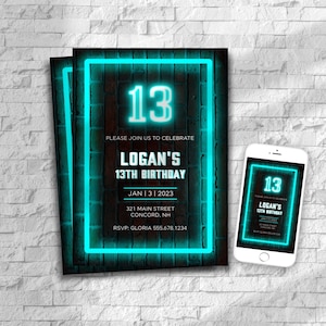 Neon boys birthday invitation, glow birthday invitation boys, teenager birthday invitation boys, boys birthday invitation, boys 13th invite
