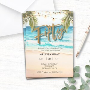 May include: A beach-themed invitation for a 50th birthday party. The invitation features a blue ocean with waves, palm trees, and string lights. The text on the invitation reads "Please join us for a 50th birthday honoring Melissa Gray, July 27, Sat, Down by the Bay, 101 Main St., Sacramento, CA, RSVP: Lauren 555.654.7555".