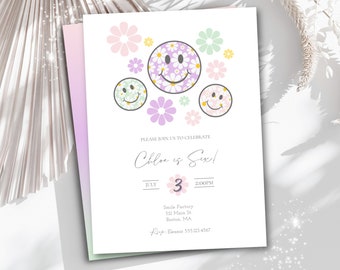Smiley Face Birthday Invitation, Smiles and Daisy birthday invite, Smiley Party, Daisy Happy Face, Digital invite, Pastel Smiley face temp