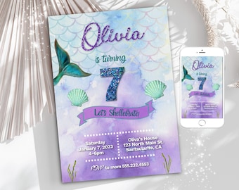 Mermaid Birthday Party Invitation, Digital Watercolor Mermaid Tail  Purple