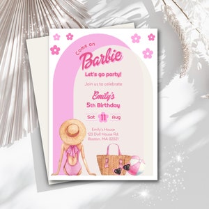 Malibu Barb Birthday Invite, Doll Pool Party Template, Pink Doll Summer Party Invitation, Digital Hot Pink Doll Party, Come on Lets go party