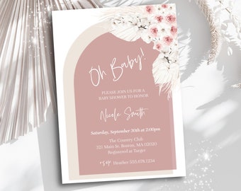 Różowe, kwiatowe zaproszenie na baby shower w stylu boho, szablon łuku (PDF)