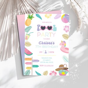 Birthday Pool Party Invitation, Summer Party Girls Invite, Tropical Splish Splash, Swimming Party, Splash Pad, Summer birthday template