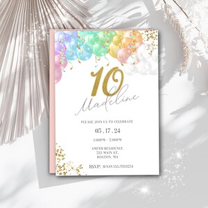 Invitation 10e anniversaire fille, invitation d'anniversaire imprimable, modèle d'anniversaire de paillettes arc-en-ciel, invitation modifiable, carte pastel à deux chiffres