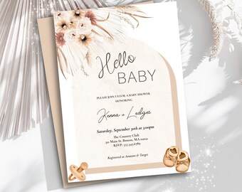 Boho Baby Shower Invitation, Neutral Floral Design (Digital Download)